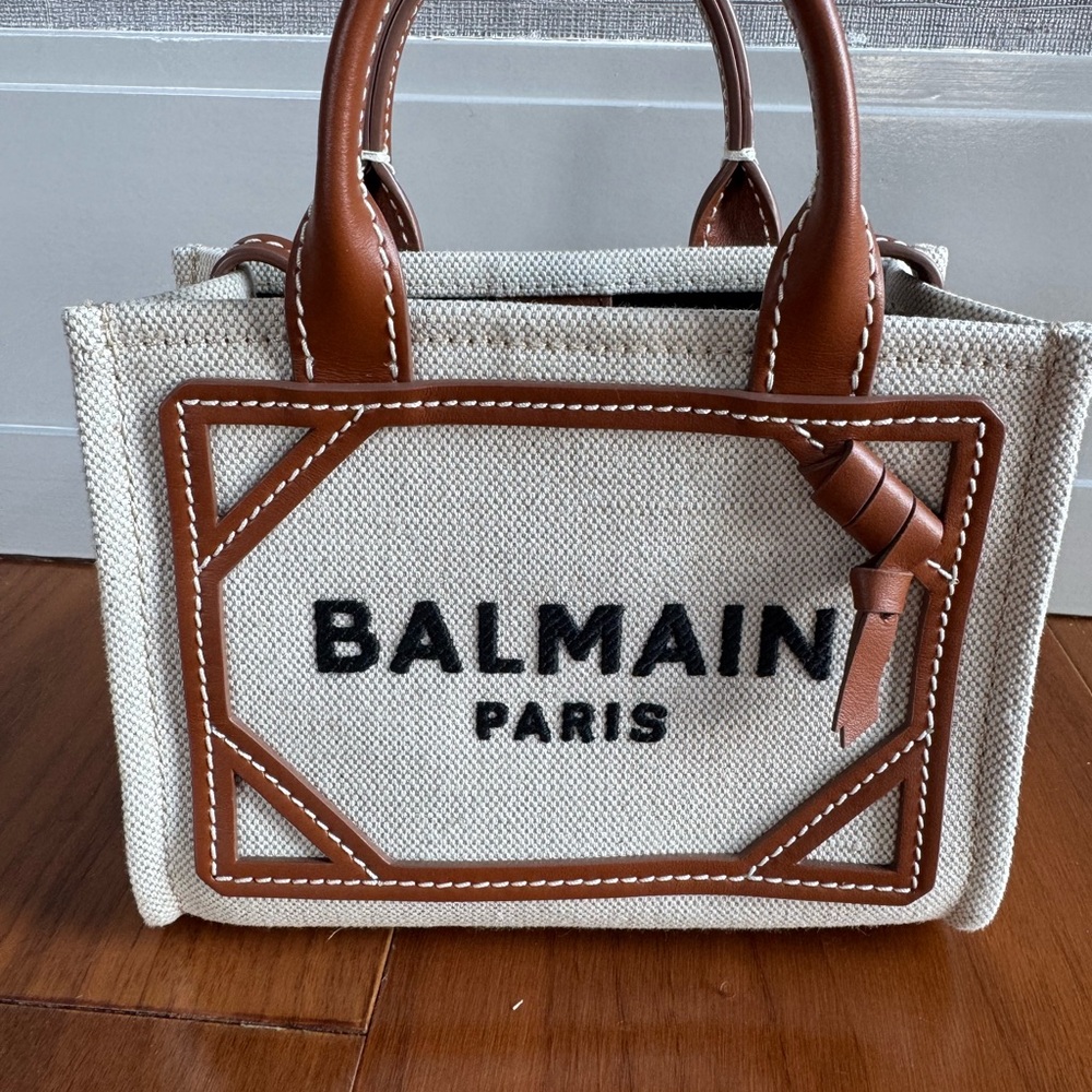 Authentic Balmain Beige Canvas Tote with Brown Leather Trim